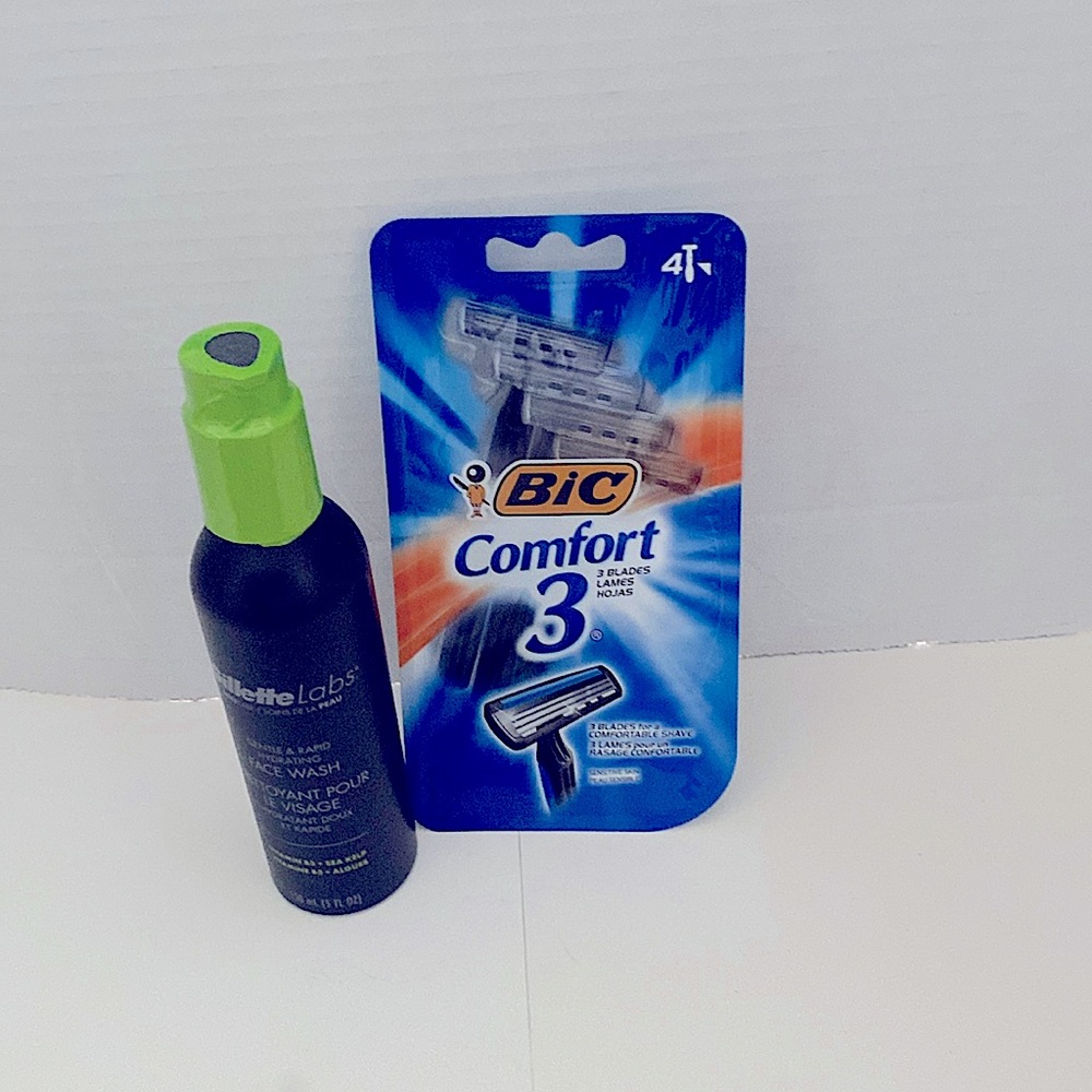 1 Bic Comfort 3 razors 4 in pack & 1 Gillette labs face wash.